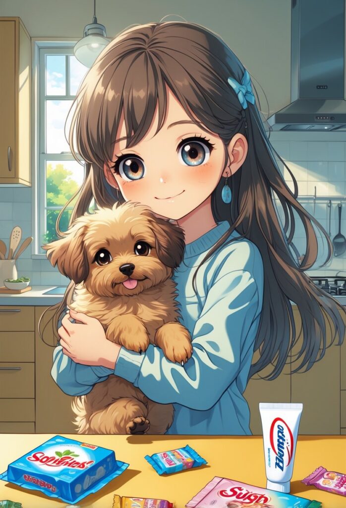 A young girl holding a small dog in a kitchen with Xylitol products on the table.