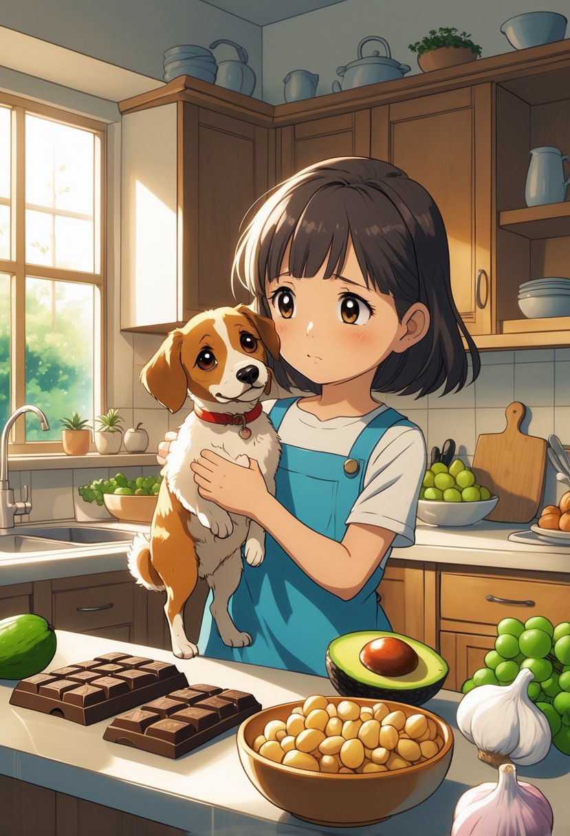A young girl holding a small dog in a kitchen with various toxic foods for dogs on the counter nearby.