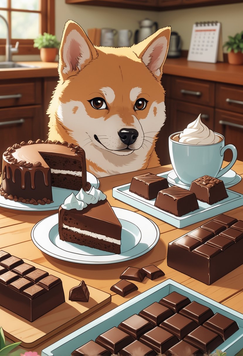 A dog looks cautiously at various chocolate foods on a kitchen table, including chocolate bars, cake, cookies, and hot chocolate.