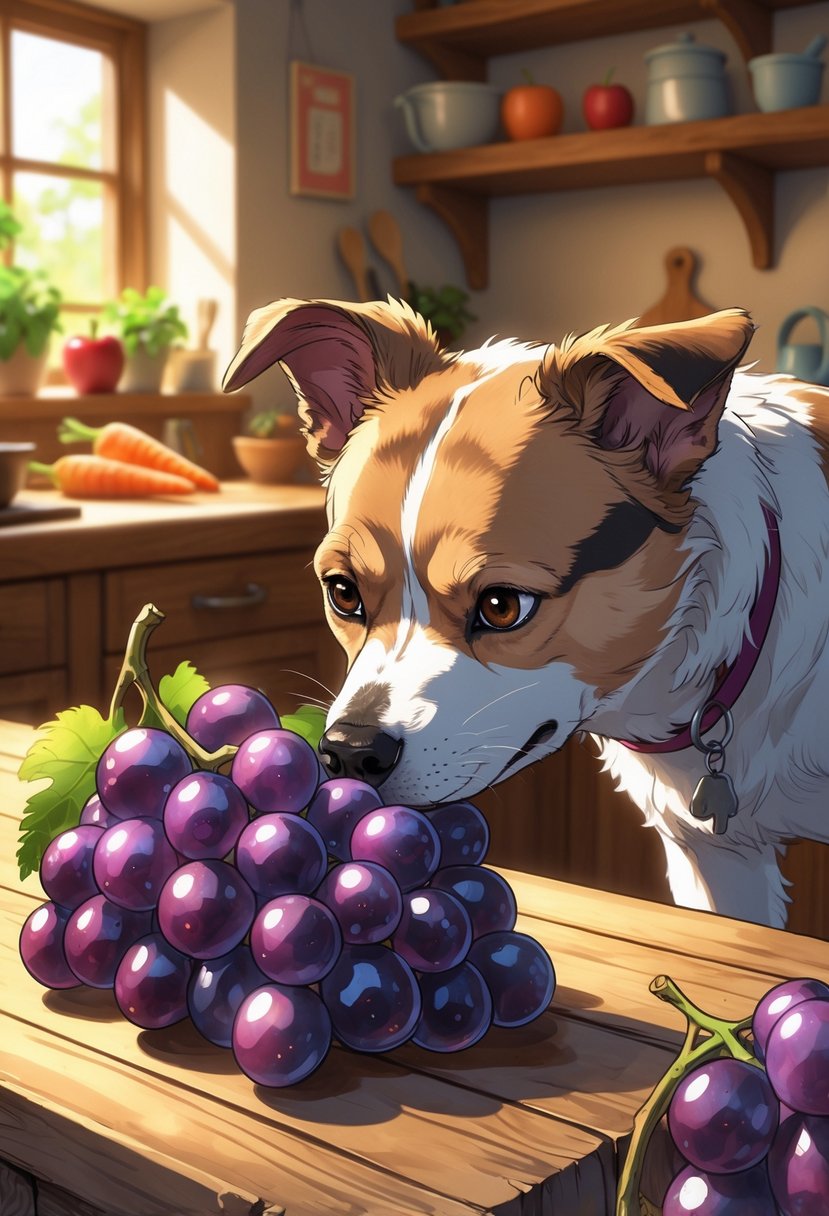 A dog cautiously sniffing a bunch of grapes on a kitchen table with other safe foods in the background.