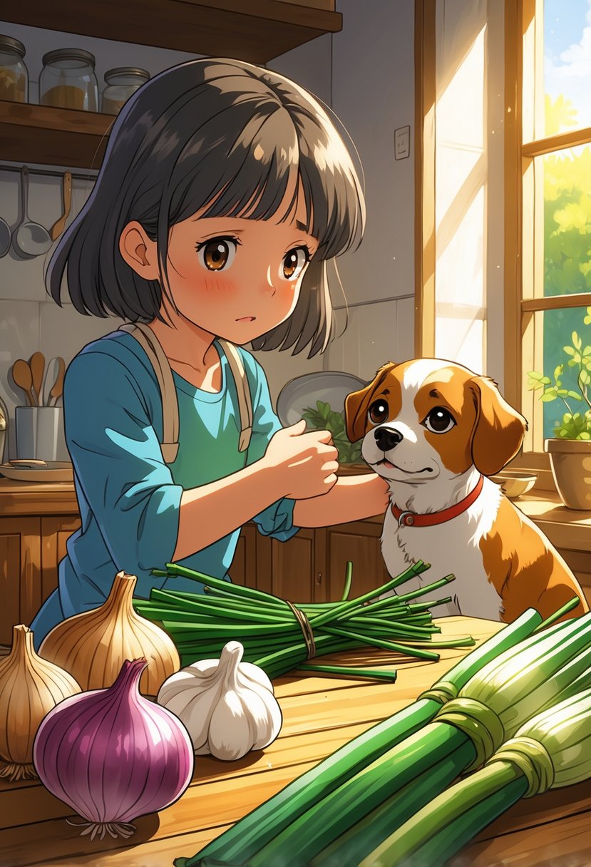 A girl gently holding a small dog away from a table with onions, garlic, chives, and leeks in a cozy kitchen.