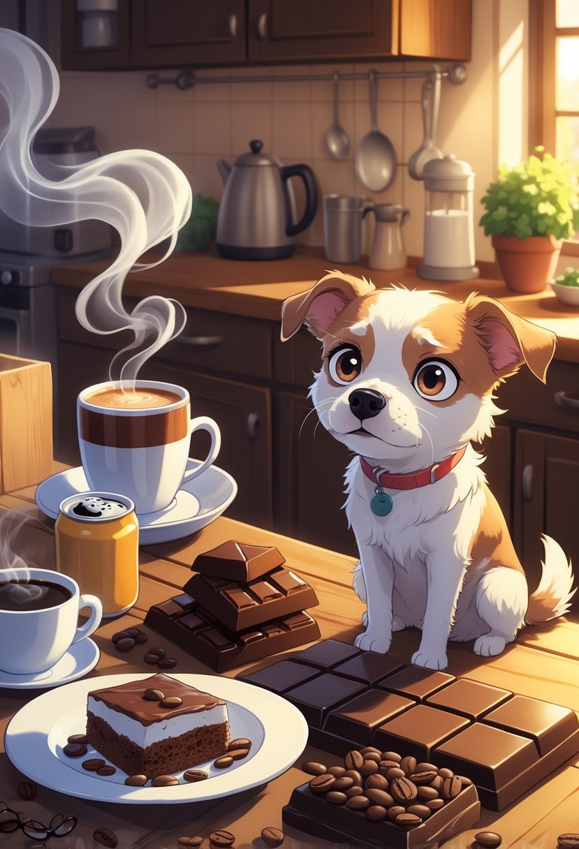 A small dog looking worried next to coffee, chocolate, energy drinks, and coffee-flavored desserts on a kitchen table.