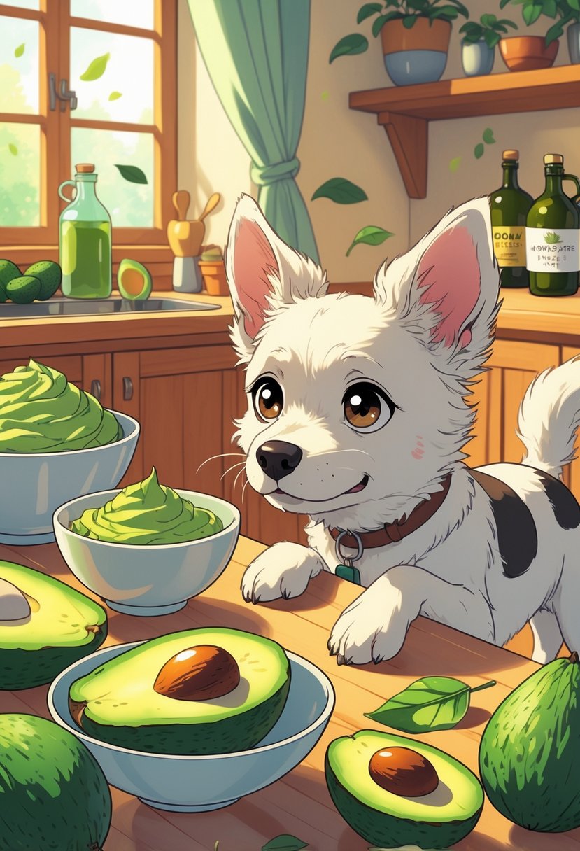 A worried dog looks at a table with various avocado foods including sliced avocado, guacamole, avocado toast, and avocado oil in a cozy kitchen.