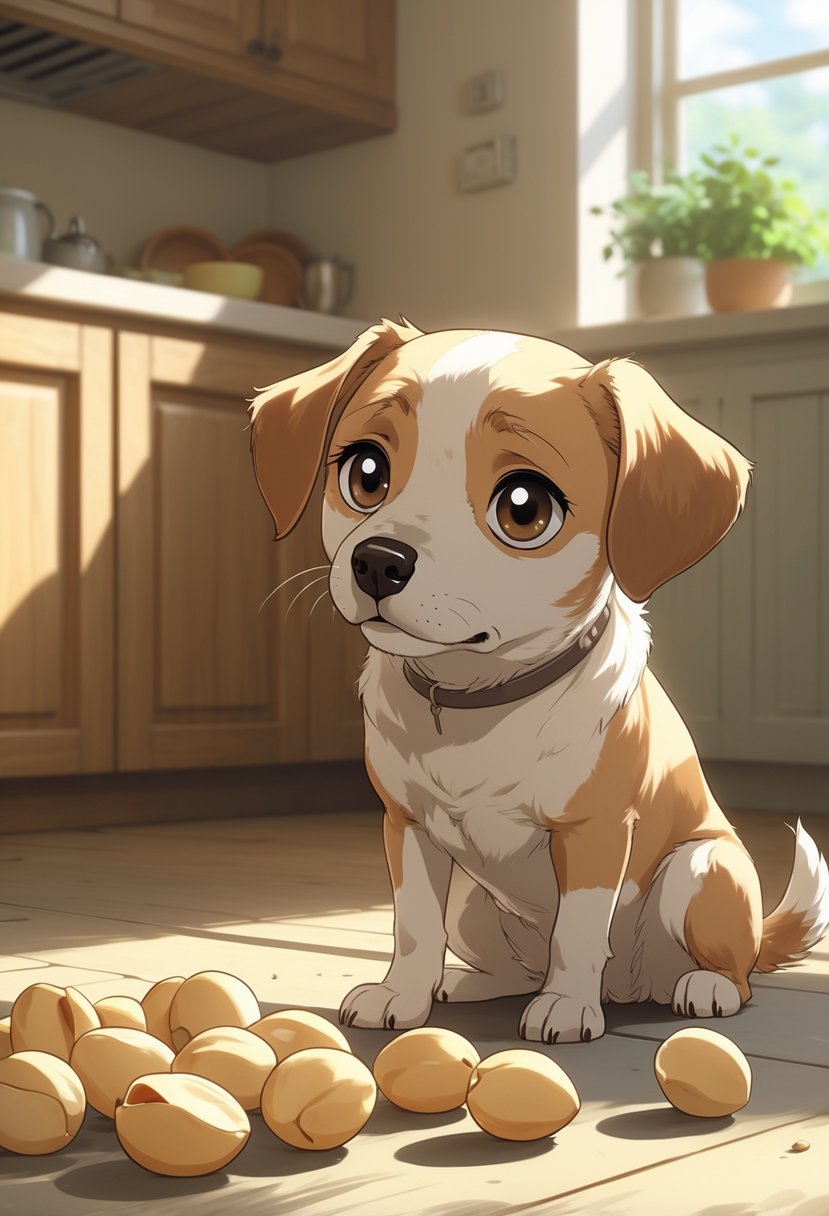 A worried dog sitting near a small pile of macadamia nuts on a kitchen floor.