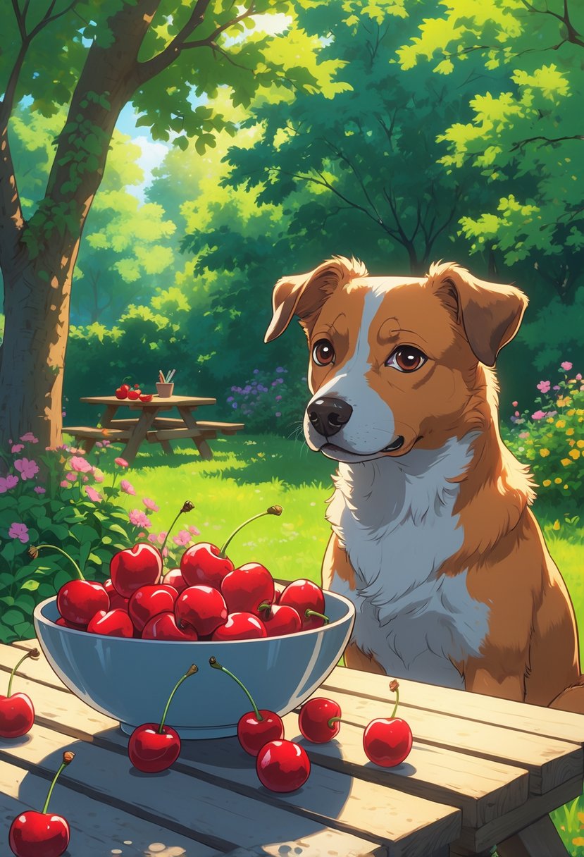 A dog sitting near a picnic table with a bowl of cherries, looking cautiously at the fruit in a sunny garden setting.