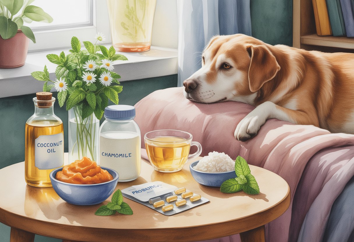 A calm dog resting on a blanket next to a table with natural home remedy items like pumpkin puree, yogurt, peppermint, chamomile tea, coconut oil, boiled rice, and probiotics.