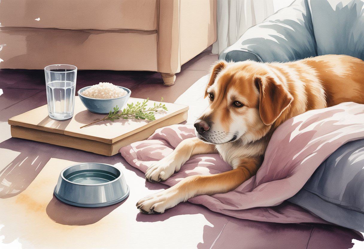 A calm dog resting on a blanket next to a water bowl in a cozy sunlit room with natural home remedy items nearby.