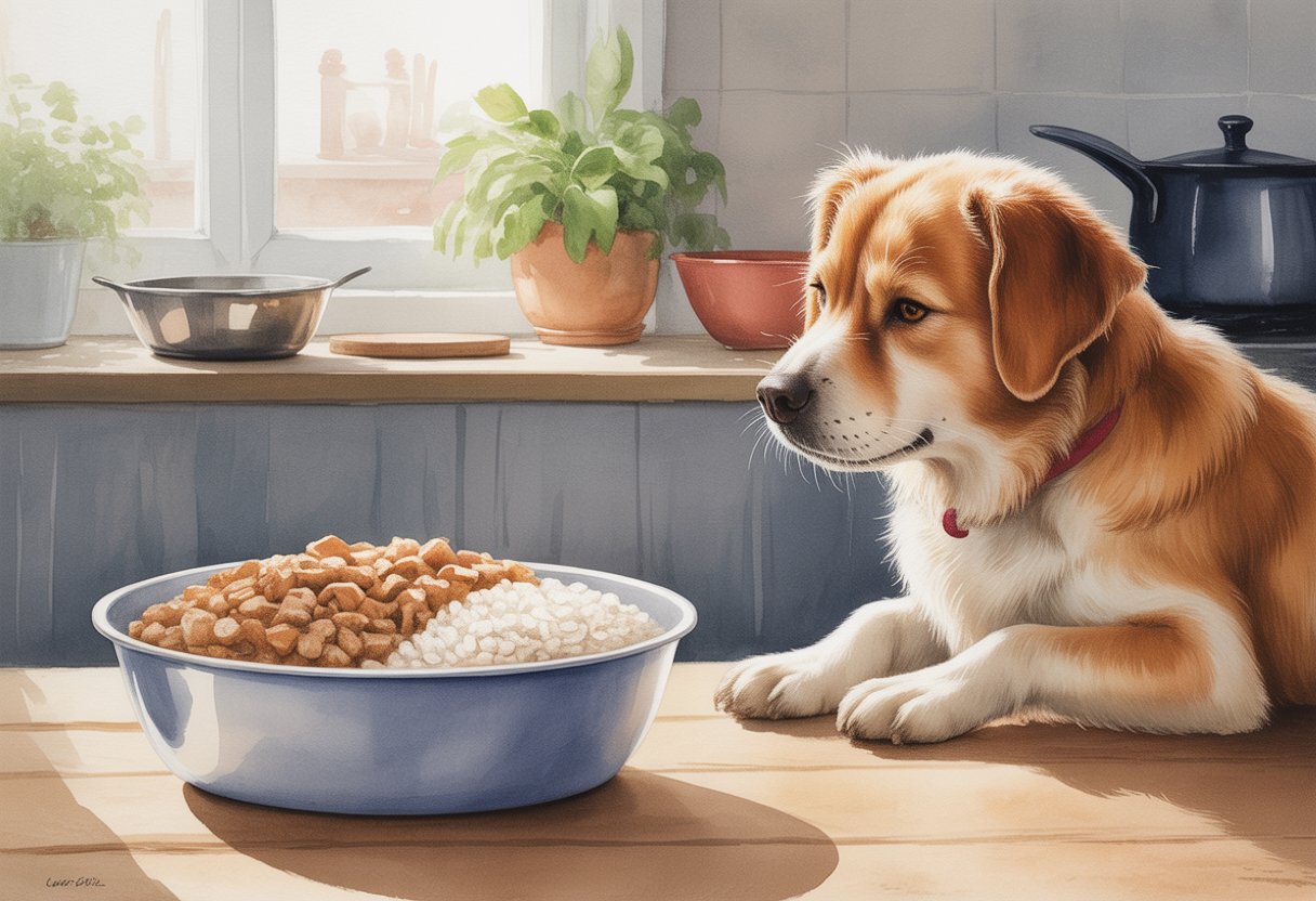 A dog sitting patiently next to a bowl of boiled chicken and white rice on a wooden floor in a cozy kitchen.