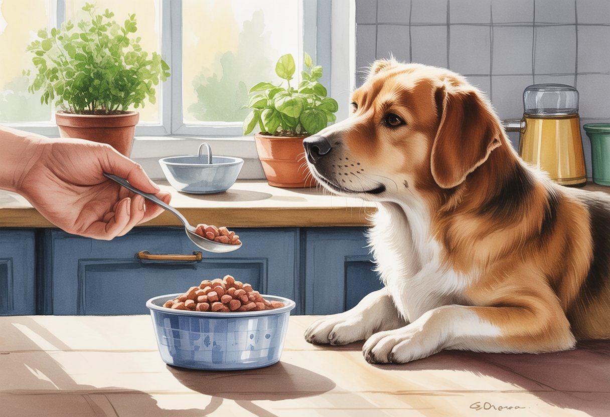 A dog sitting calmly near a small bowl of food in a cozy kitchen with a hand offering a small portion of food.