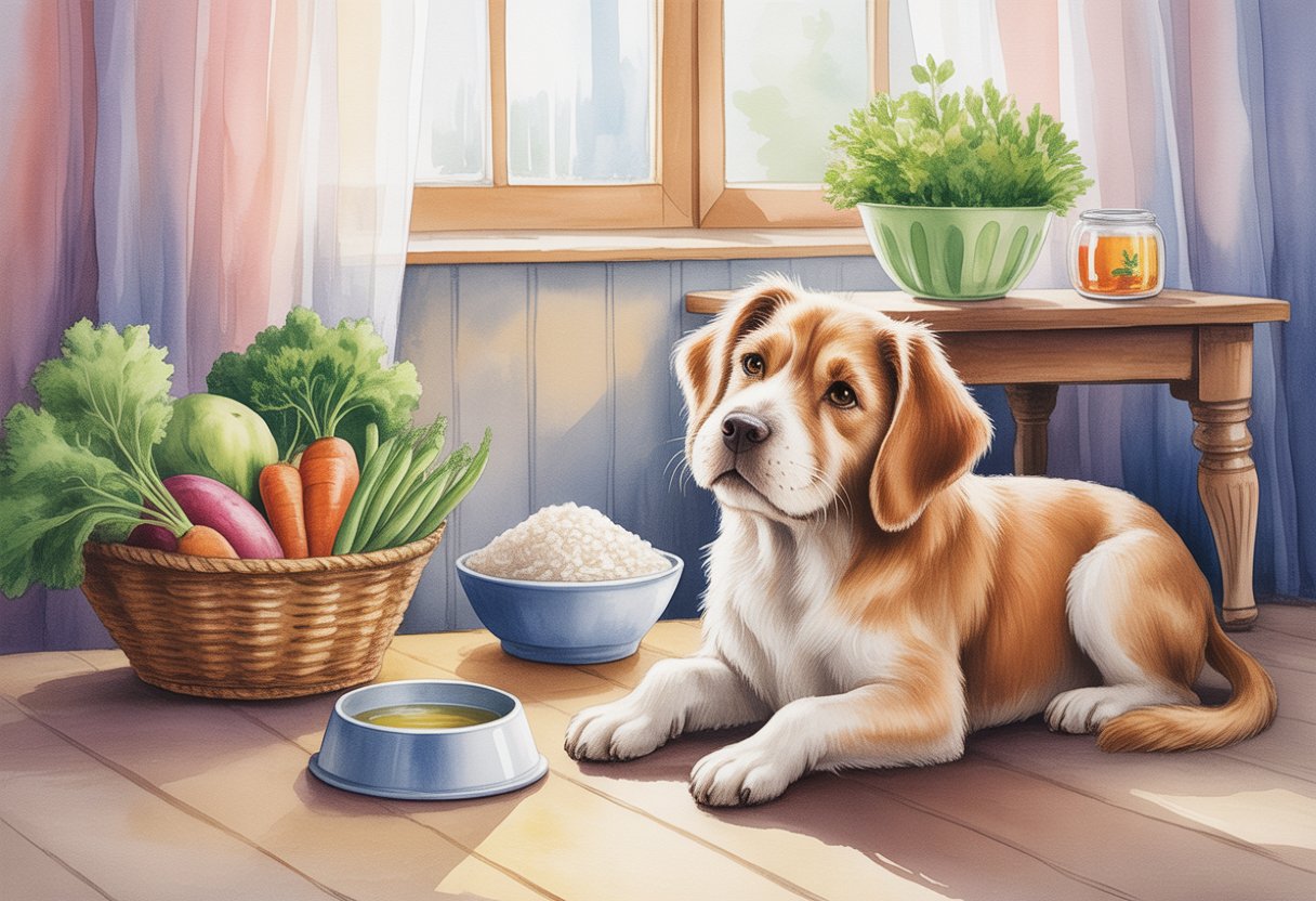 A calm dog sitting on a wooden floor next to a bowl of water in a cozy kitchen with fresh vegetables and herbal tea on a table nearby.