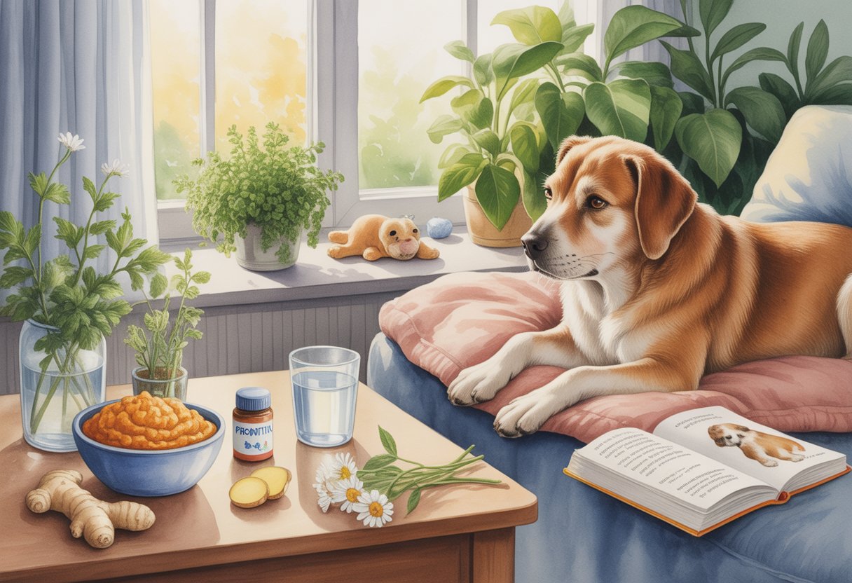 A calm dog resting on a blanket beside a table with natural home remedy items in a cozy room with plants and soft sunlight.