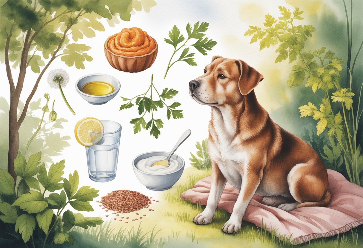 A healthy dog sitting peacefully in a garden surrounded by natural ingredients like pumpkin, olive oil, parsley, lemon water, yogurt, and flaxseeds.