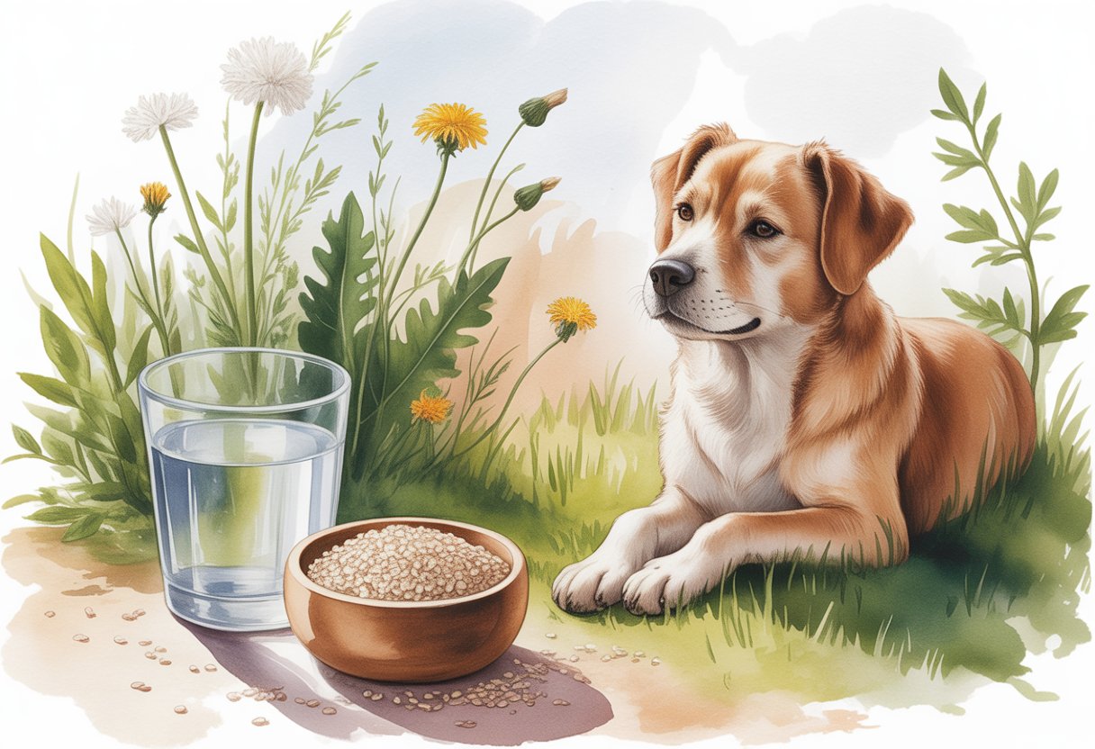 A small bowl of psyllium husks and a glass of water next to a calm dog sitting on grass surrounded by plants.