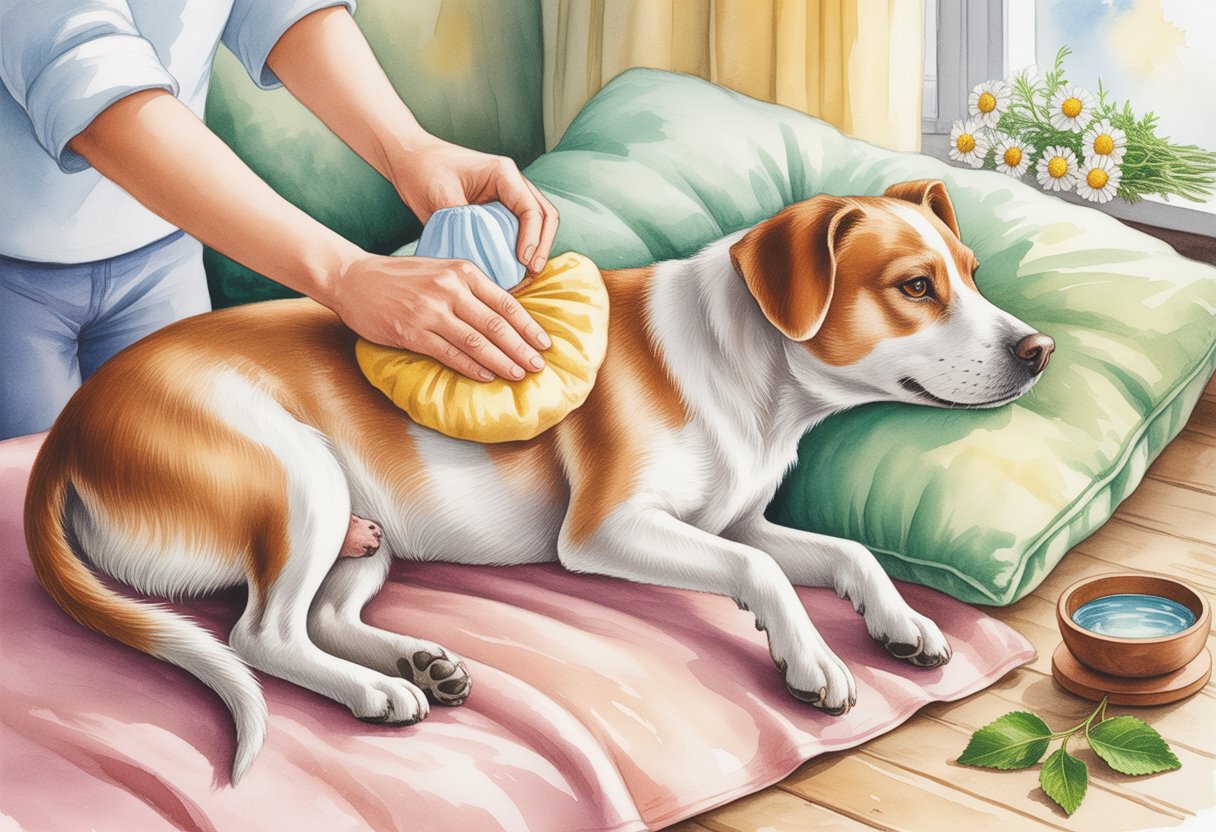 A calm dog lying on a blanket while a person gently applies a warm compress to its belly in a cozy room.