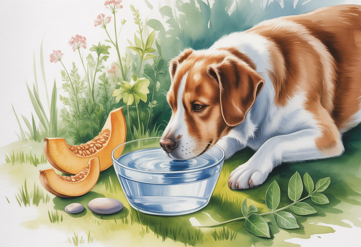 A dog drinking water from a bowl outdoors surrounded by plants and natural elements.