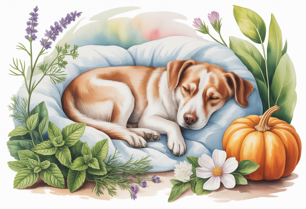 A calm dog resting indoors surrounded by herbs and plants symbolizing natural healing.
