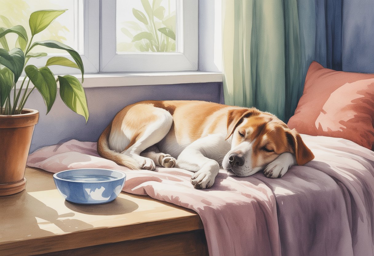 A calm dog resting peacefully on a blanket next to a bowl of water in a cozy room with natural light.