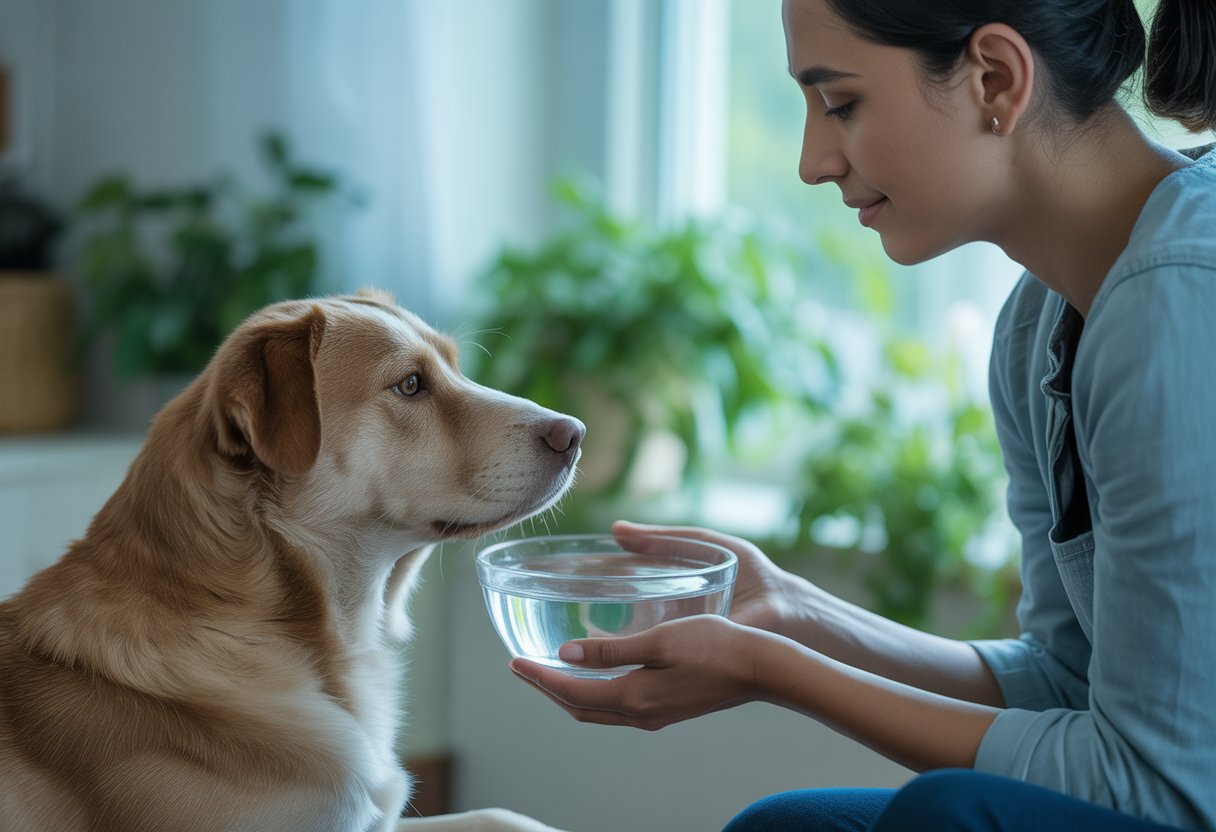 A person offering a bowl of fresh water to a calm dog indoors near a window with plants outside.
