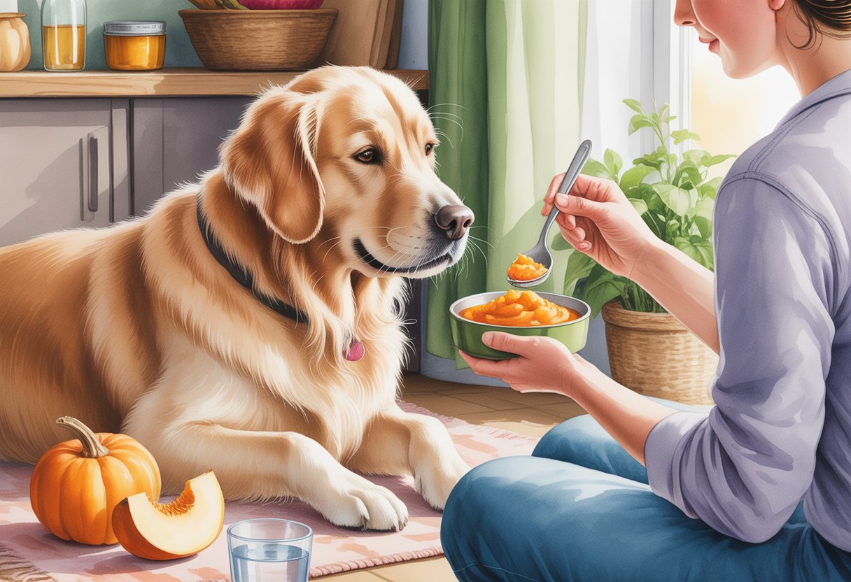 A person feeding a golden retriever canned pumpkin in a cozy home setting.