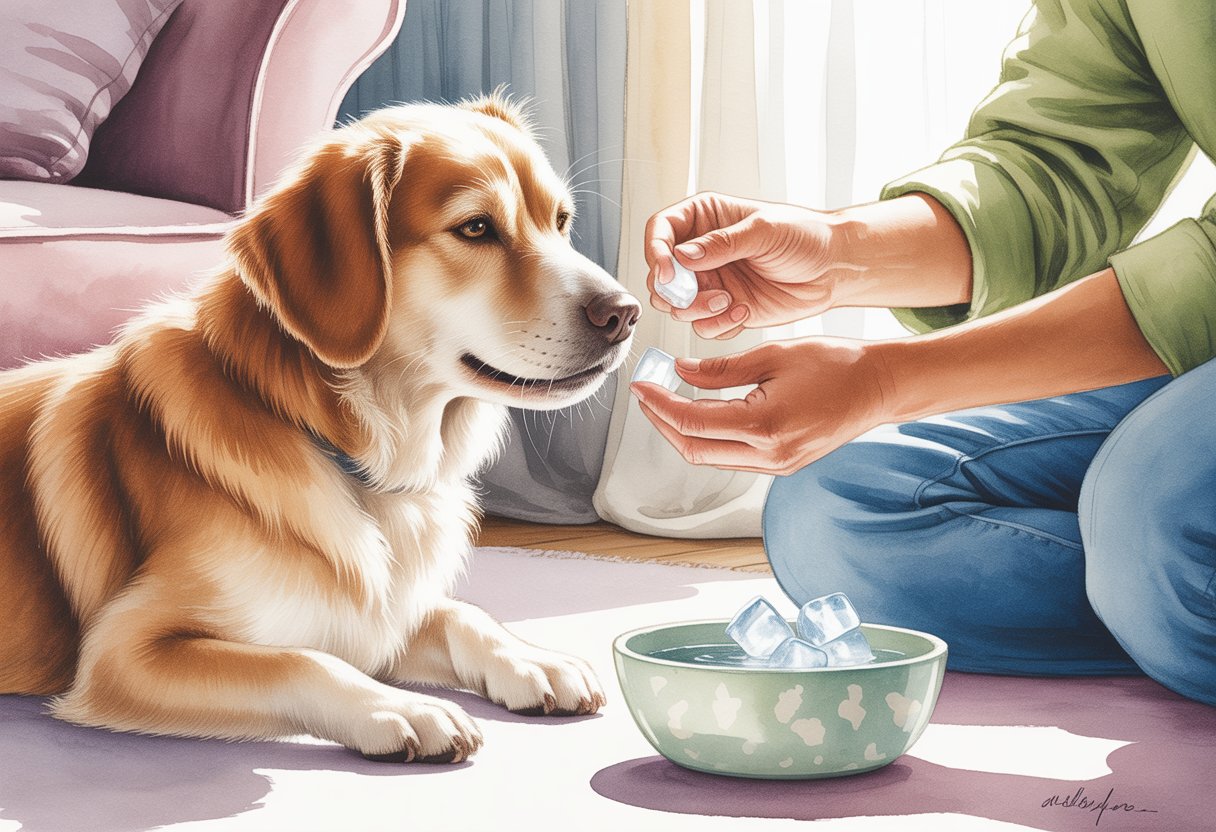 A person gently giving ice chips to a dog sitting patiently by a bowl of water indoors.