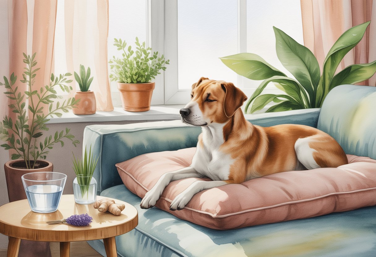 A calm dog resting on a cushion in a cozy living room with plants and natural light.
