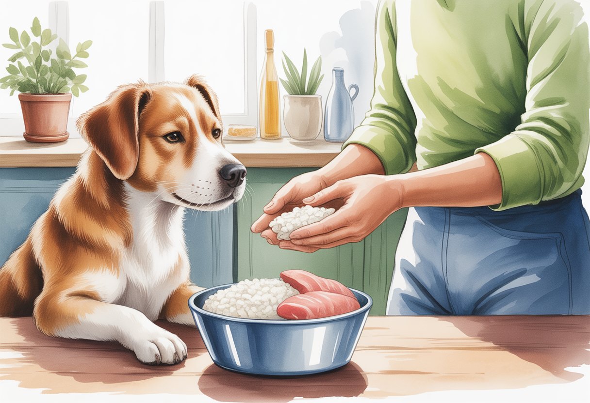 A dog sitting patiently next to a bowl of simple food in a cozy kitchen with soft sunlight coming through a window.