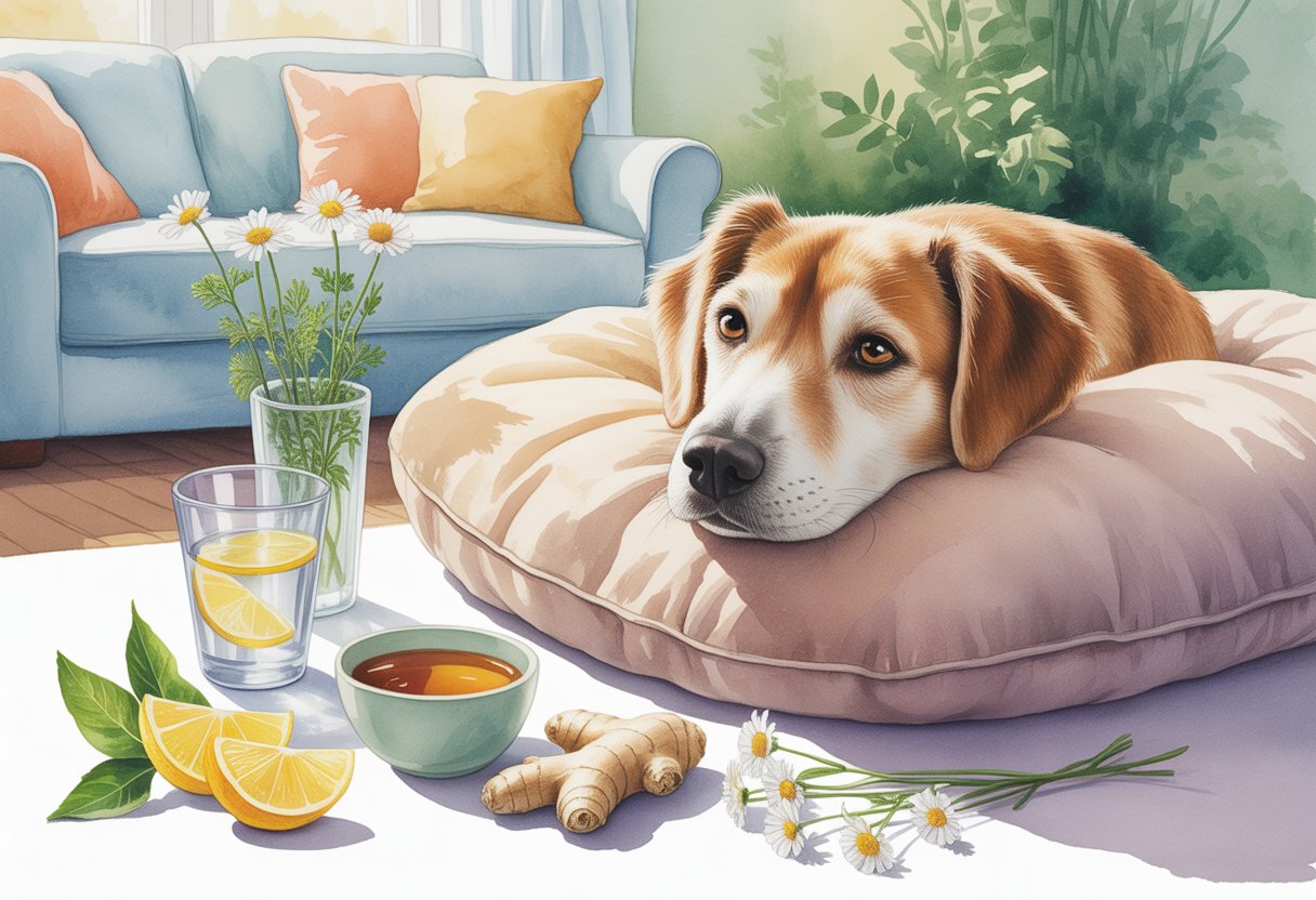 A calm dog resting on a cushion surrounded by natural home remedies in a cozy living room.
