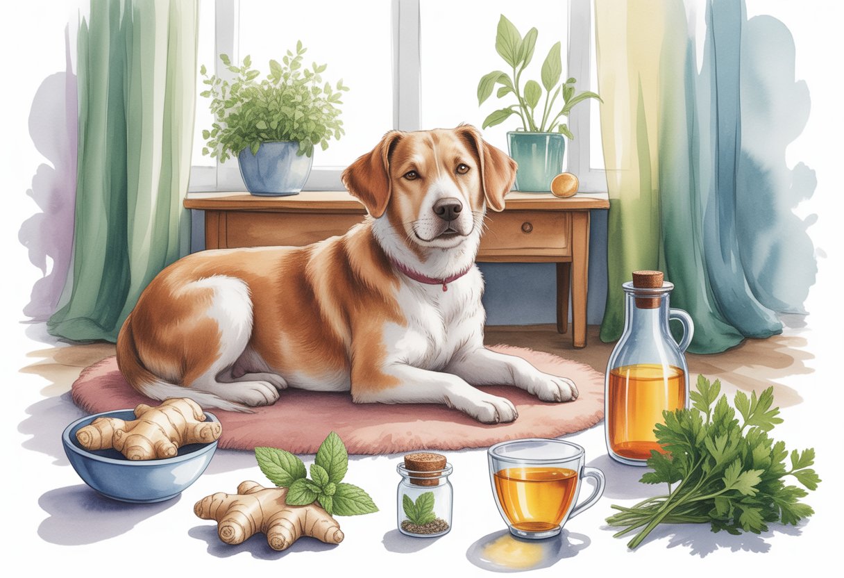 A dog sitting peacefully near natural ingredients like ginger, peppermint, chamomile, parsley, and apple cider vinegar arranged on a table in a cozy room.