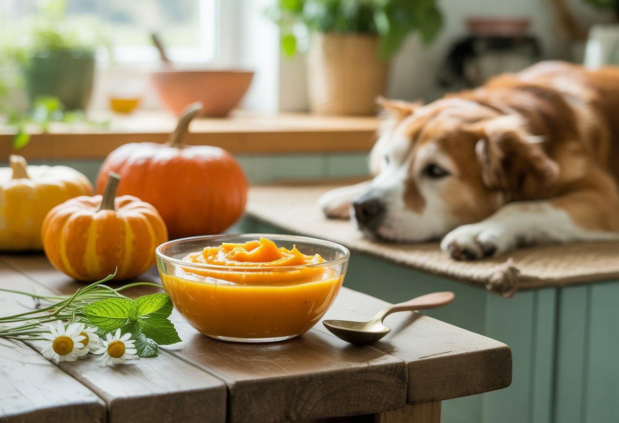 A bowl of pumpkin puree on a wooden table surrounded by pumpkins and herbs, with a content dog resting nearby in a cozy kitchen.