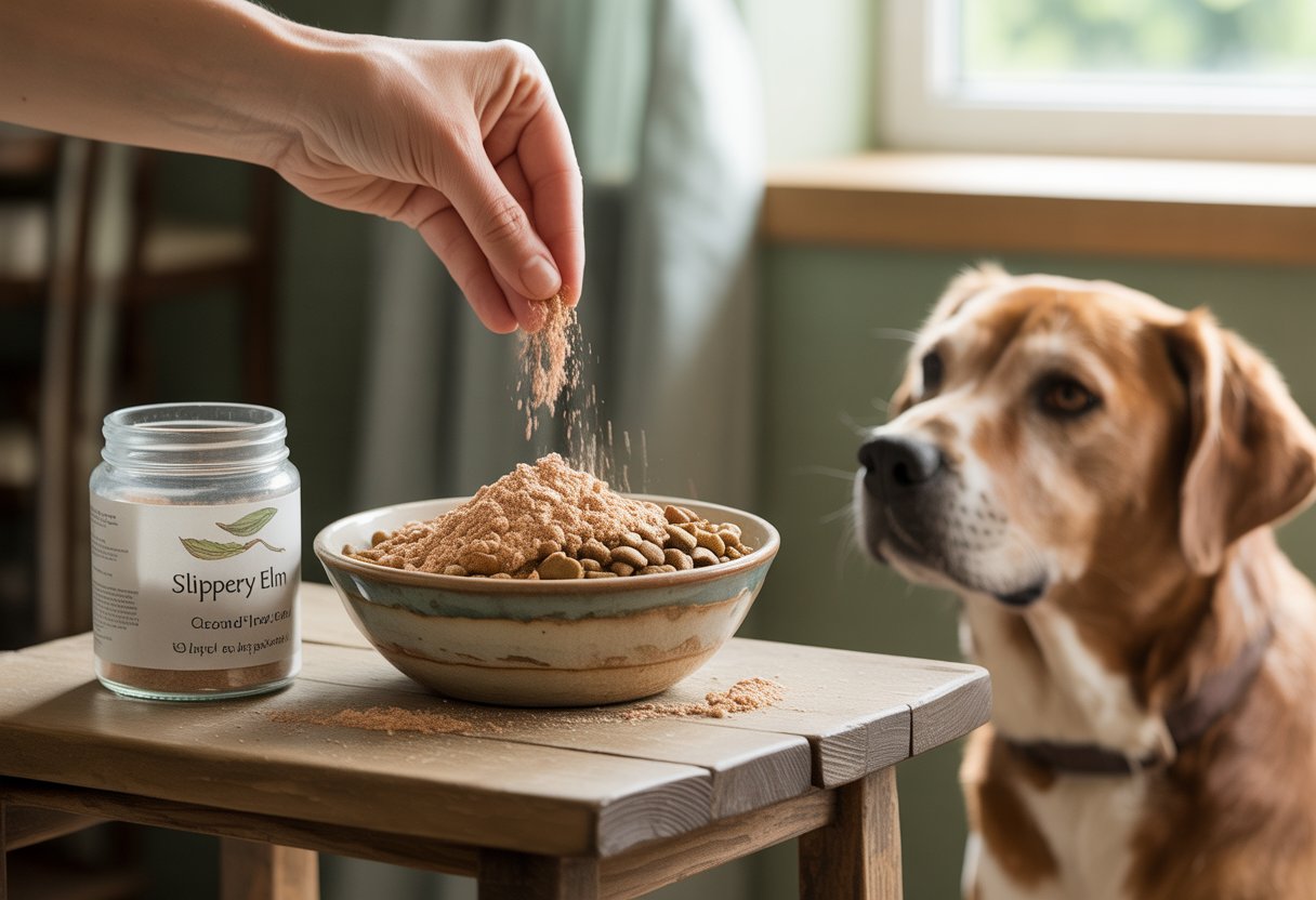 A dog waits beside a bowl of food being sprinkled with a natural powder on a wooden table in a cozy kitchen.