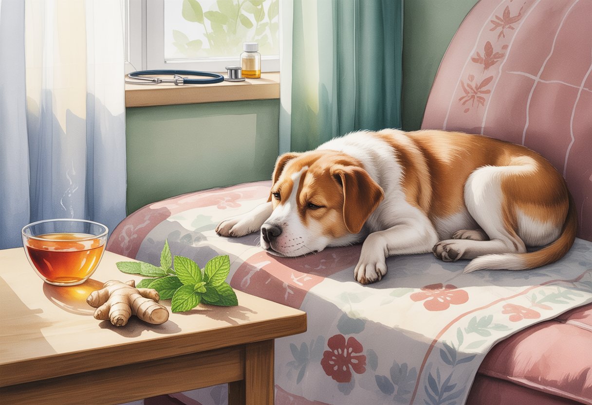 A dog resting peacefully indoors near natural remedies like ginger and peppermint, with veterinary care items visible in the background.