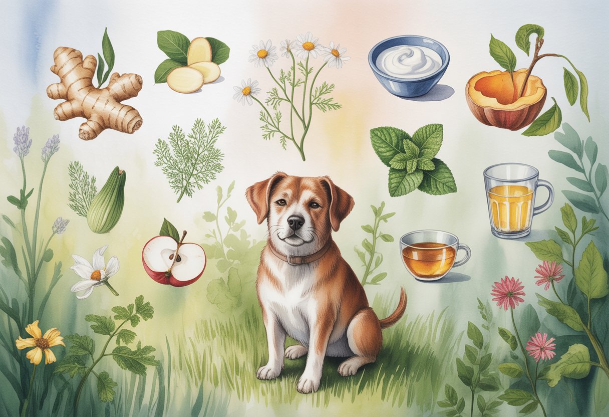 A calm dog sitting in a garden surrounded by nine natural remedies including ginger, chamomile, yogurt, pumpkin, peppermint, coconut water, fennel, apple slices, and herbal tea.