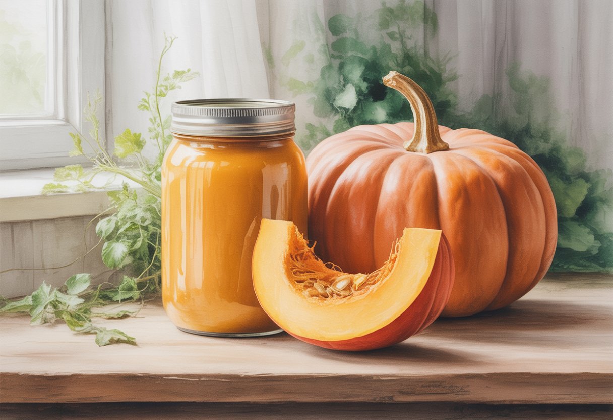 A jar of canned pumpkin next to a fresh pumpkin with a slice cut out, placed on a wooden table with soft natural light.