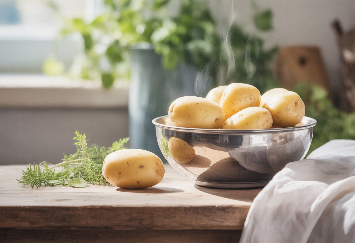 A bowl of peeled boiled white potatoes on a wooden table with soft natural light and green herbs nearby.