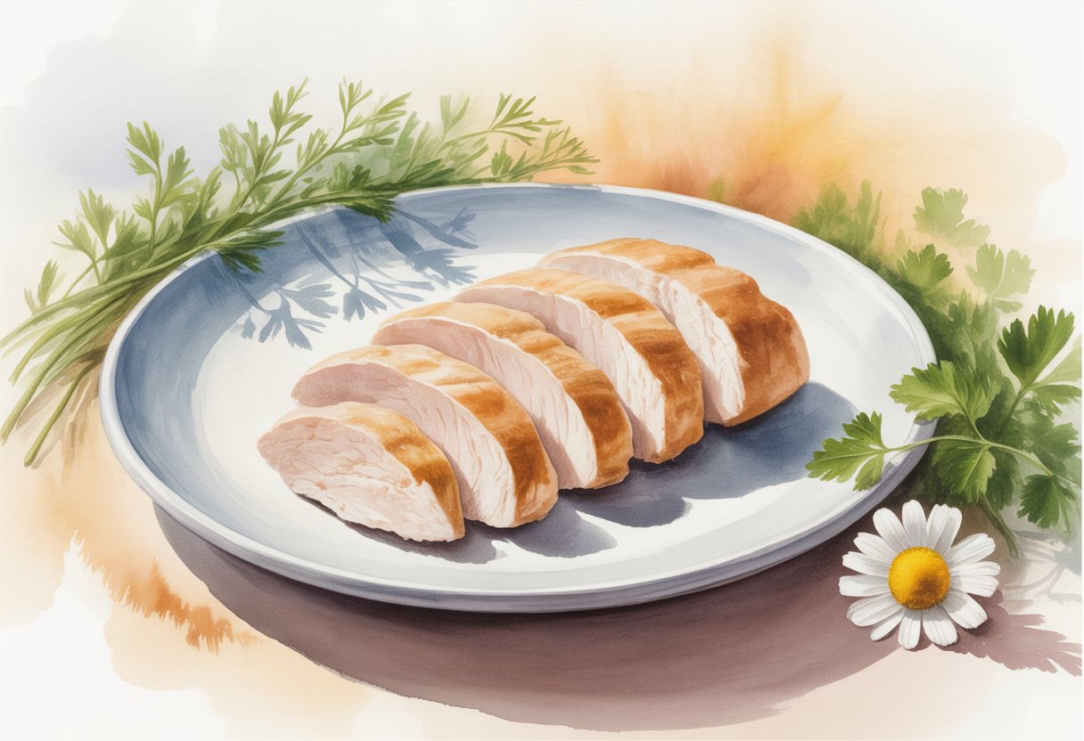 Small slices of plain cooked chicken breast on a white plate with fresh herbs around it.