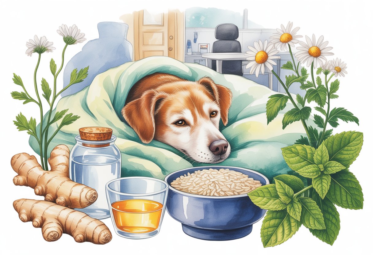 A calm dog resting on a blanket surrounded by natural remedies like ginger, chamomile, peppermint, rice, water, and honey, with a veterinarian's office visible in the background.