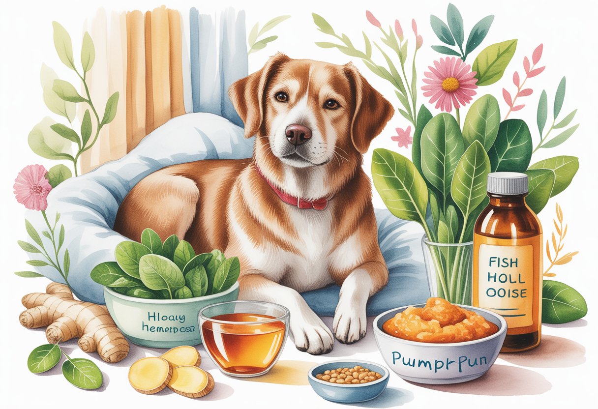 A calm dog sitting indoors surrounded by natural remedies like herbs, honey, ginger, leafy greens, fish oil, pumpkin puree, and probiotics.