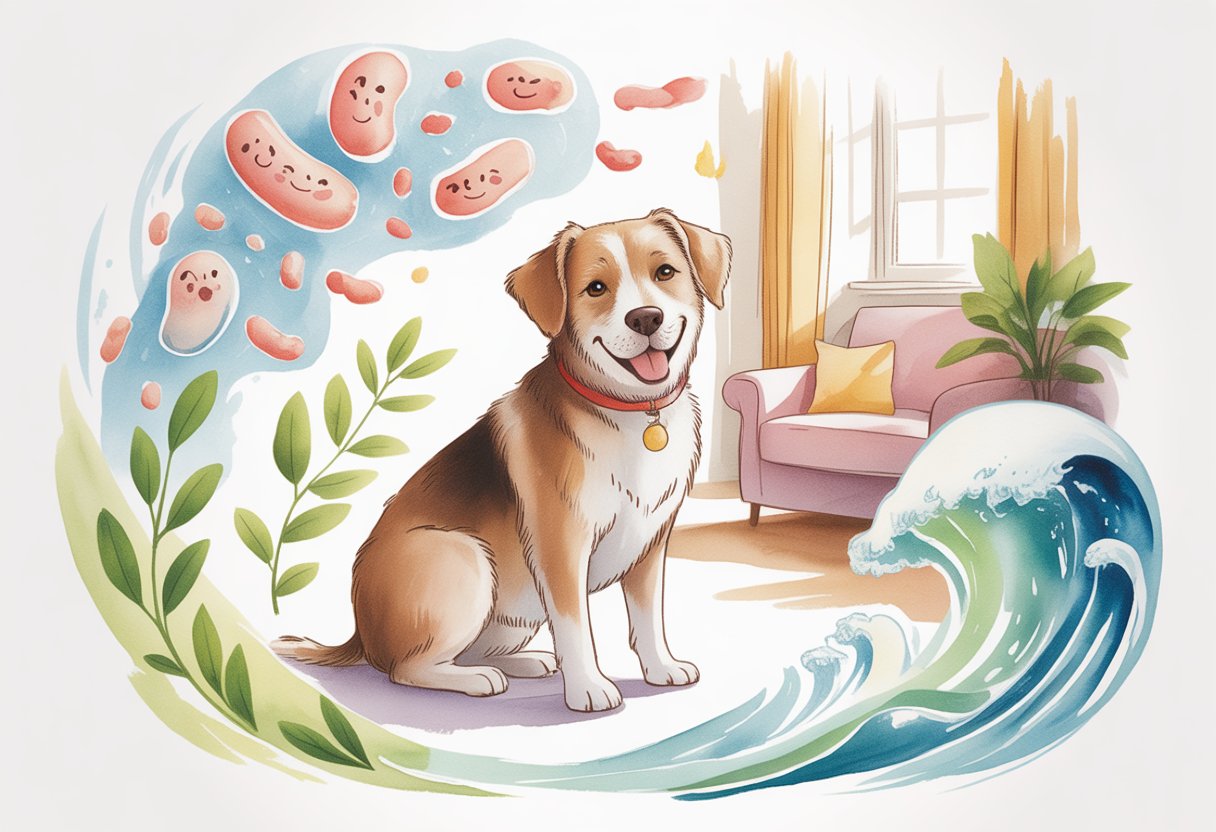 A happy dog sitting calmly in a cozy room surrounded by gentle symbols of gut health and natural elements.