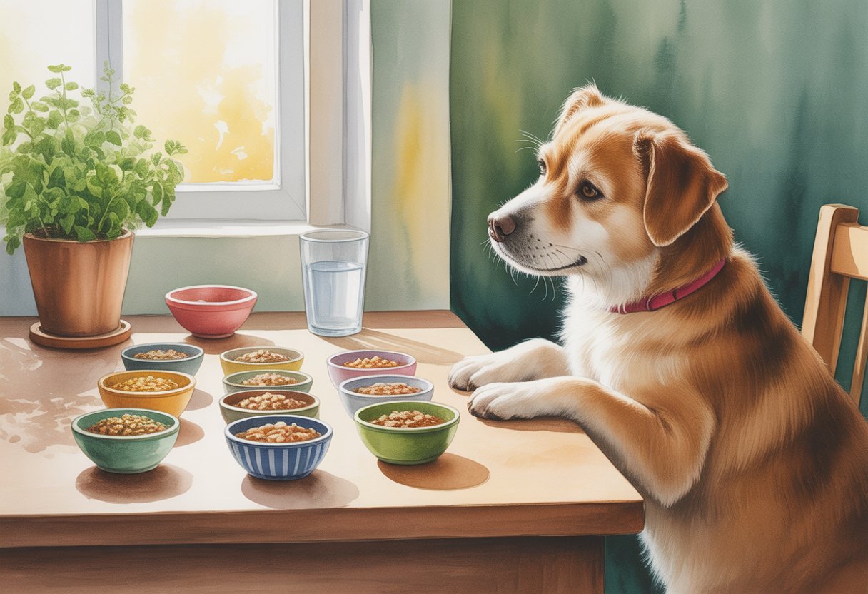 A calm dog sitting by a table with several small bowls of food arranged in front of it in a cozy kitchen setting.