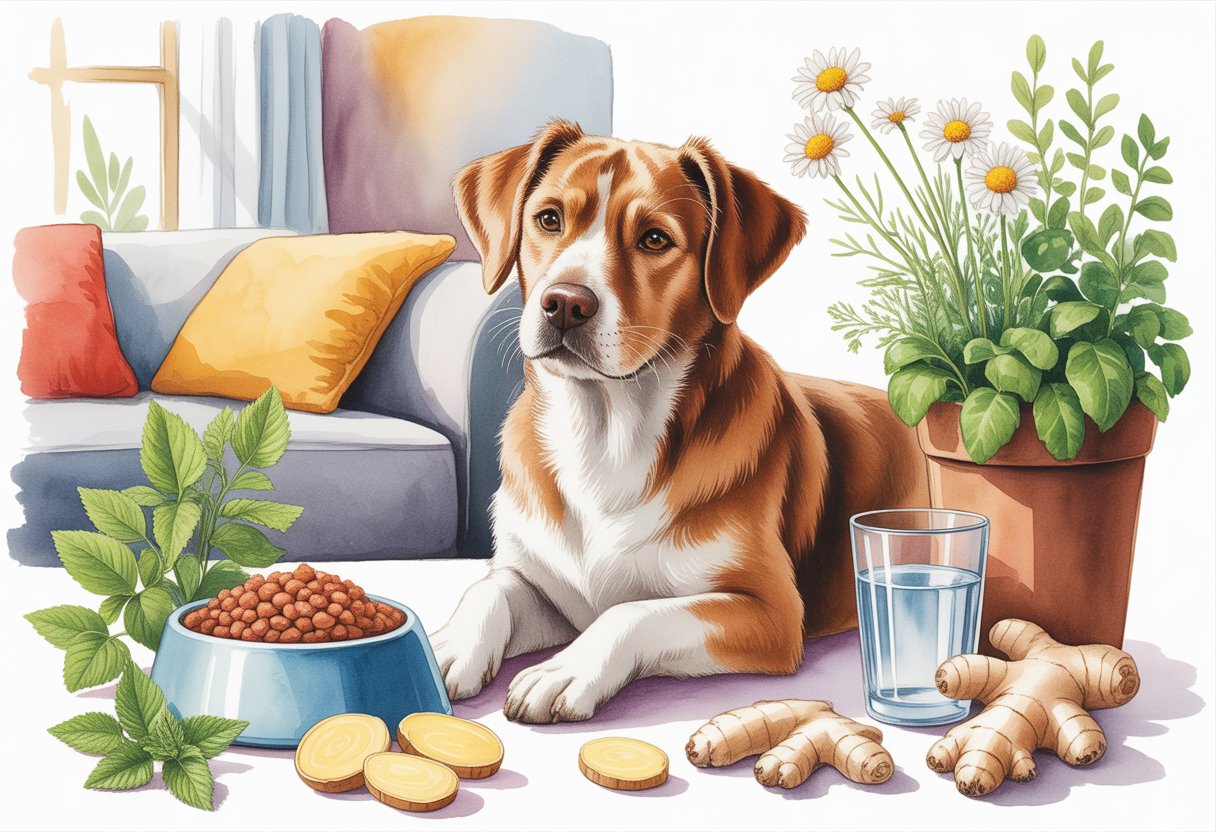 A calm dog sitting in a cozy living room surrounded by natural herbs and a bowl of nutritious food.