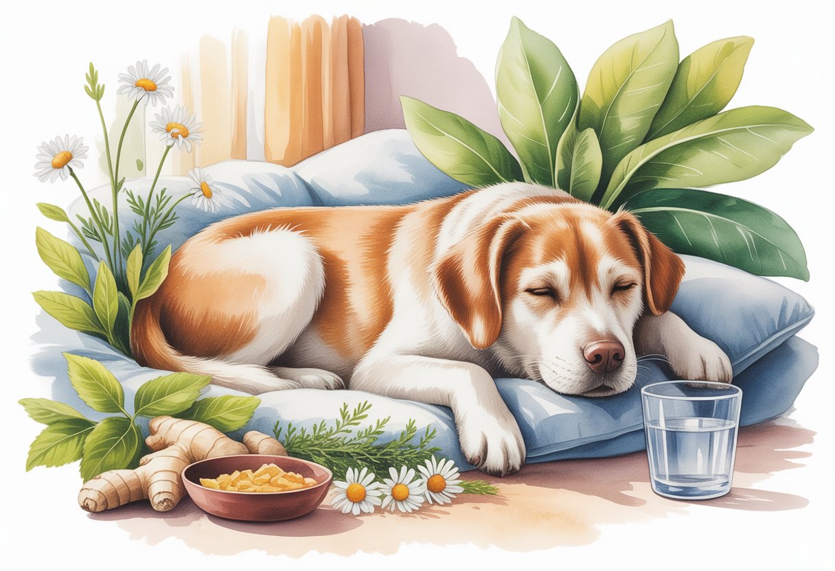 A calm dog resting in a cozy home surrounded by herbs and natural ingredients, with soft light coming through a window.