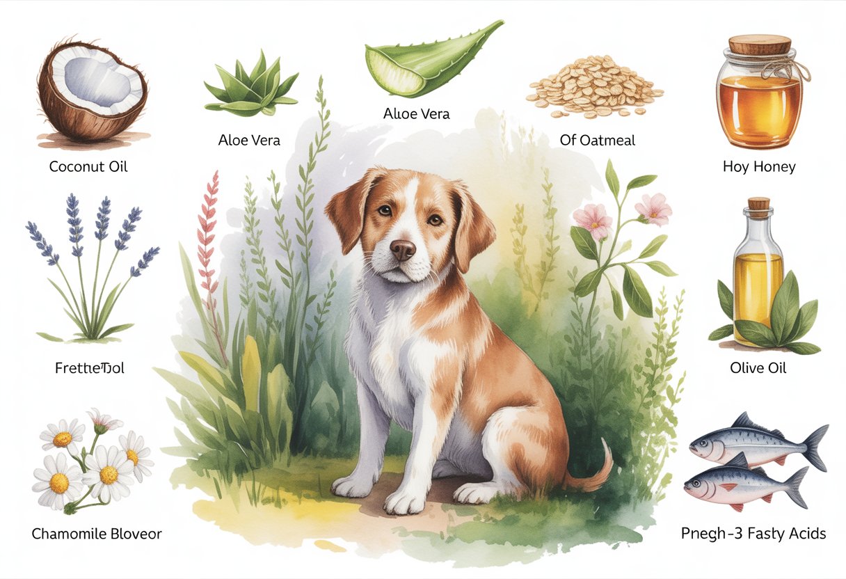 A peaceful dog sitting in a garden surrounded by natural ingredients like coconut oil, aloe vera, honey, oatmeal, lavender, olive oil, chamomile, and fish.