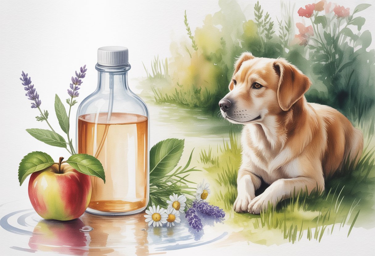 A glass spray bottle with apples and herbs beside a healthy dog sitting on grass in a natural outdoor setting.