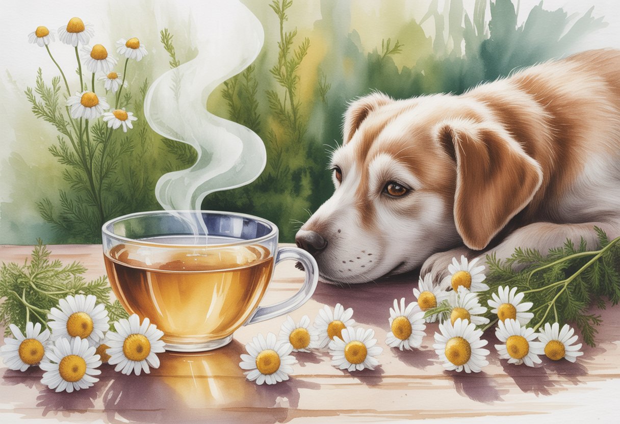 A peaceful scene showing a cup of chamomile tea surrounded by chamomile flowers next to a calm dog with healthy skin.