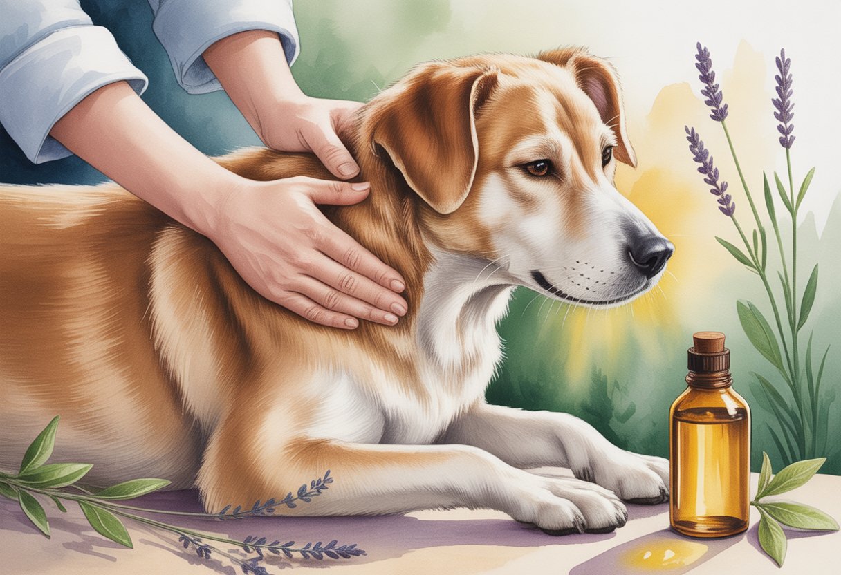 A calm dog being gently massaged on the neck by a person's hands with a small bottle of oil nearby, surrounded by green leaves and soft sunlight.