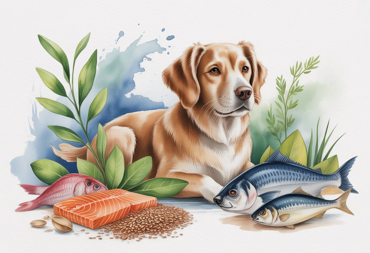 A healthy dog surrounded by fish, flaxseeds, and leafy plants representing natural skin care remedies.
