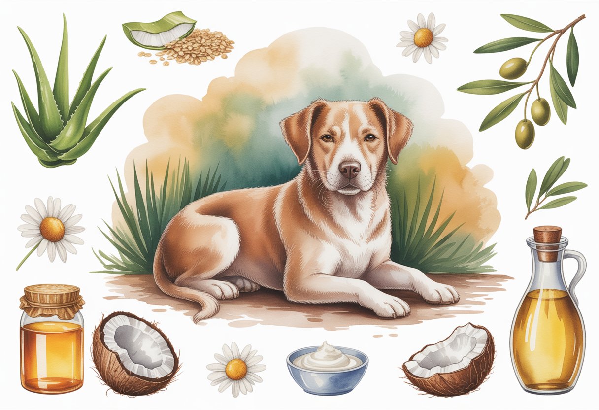 A calm dog sitting outdoors surrounded by natural plants and ingredients like aloe vera, oatmeal, honey, and chamomile.