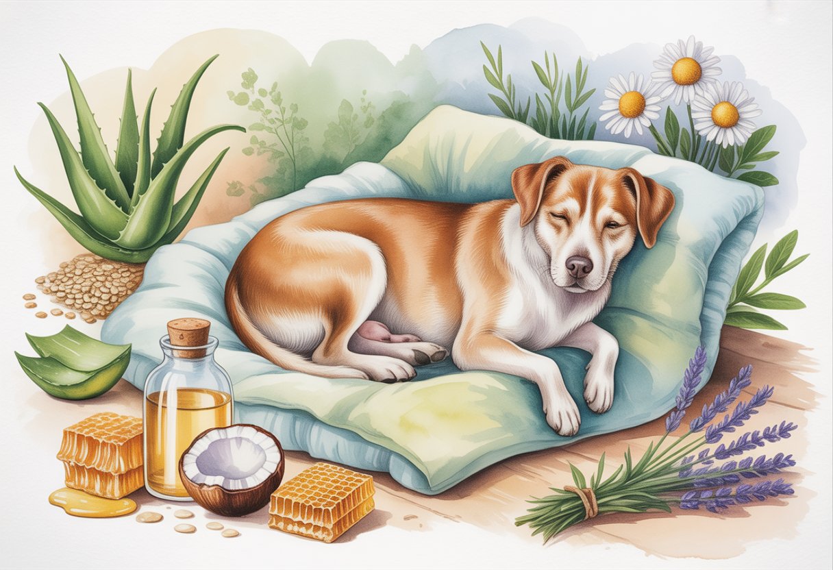 A peaceful dog resting on a blanket surrounded by natural plants and ingredients representing remedies for dry skin.