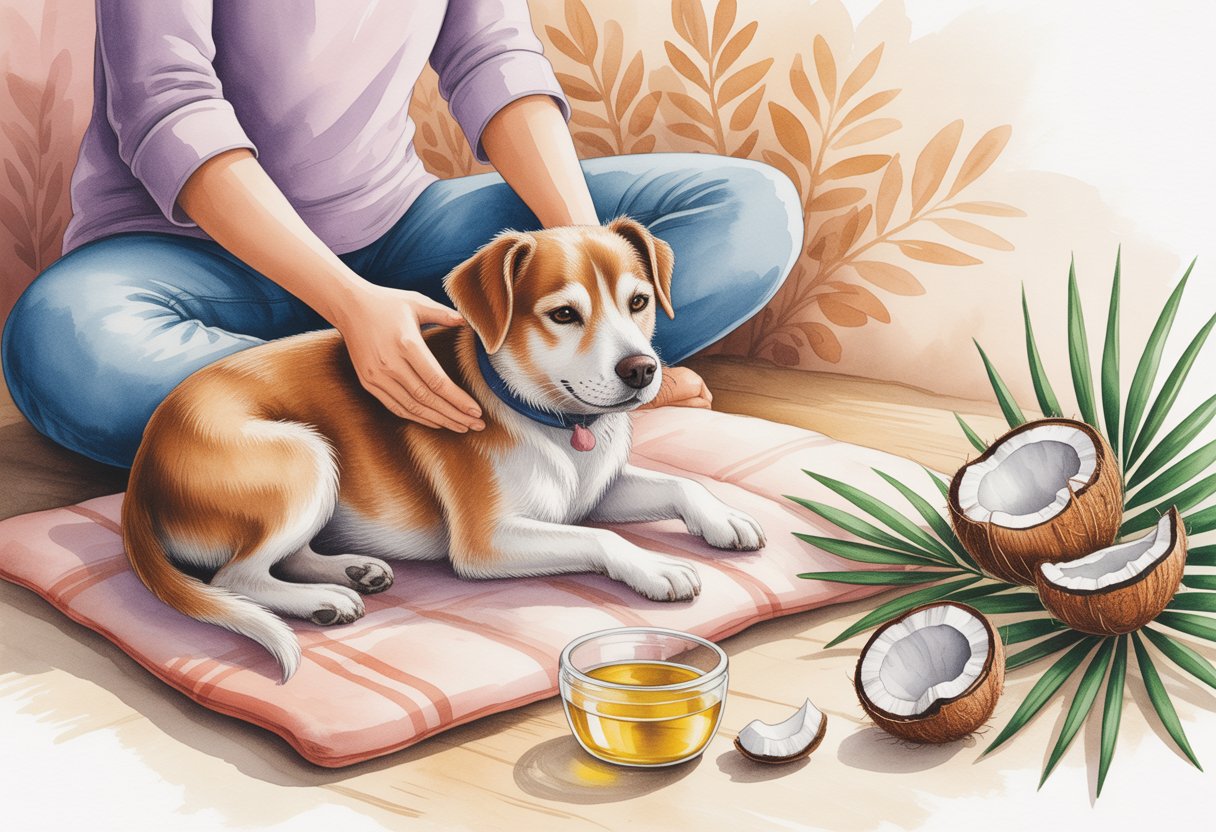 A person gently massaging a calm dog with coconut oil in a cozy home setting.