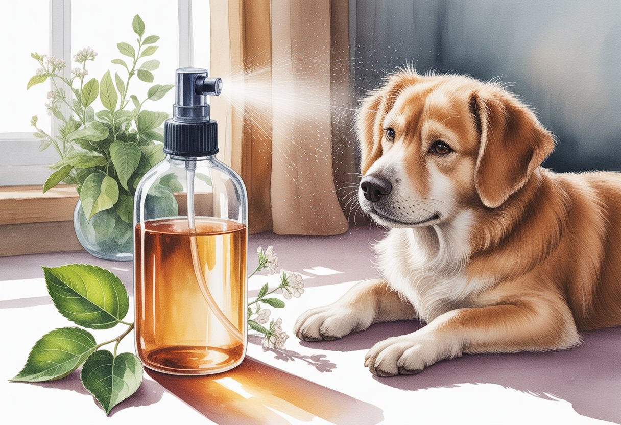 A calm dog being gently sprayed with apple cider vinegar from a glass bottle in a cozy indoor setting with natural light and green leaves around.
